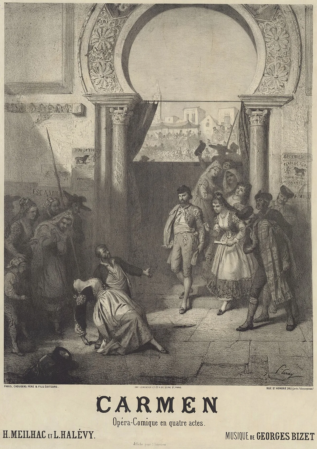 Affiche originale de l'opéra Carmen pour sa création en 1875 à l'Opéra-Comique de Paris, livret de Meilhac et Halévy