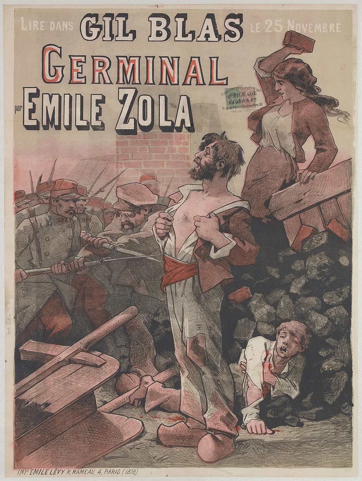 Affiche promotionnelle annonçant la parution de Germinal d'Émile Zola dans le journal Gil Blas à partir du 25 novembre 1884