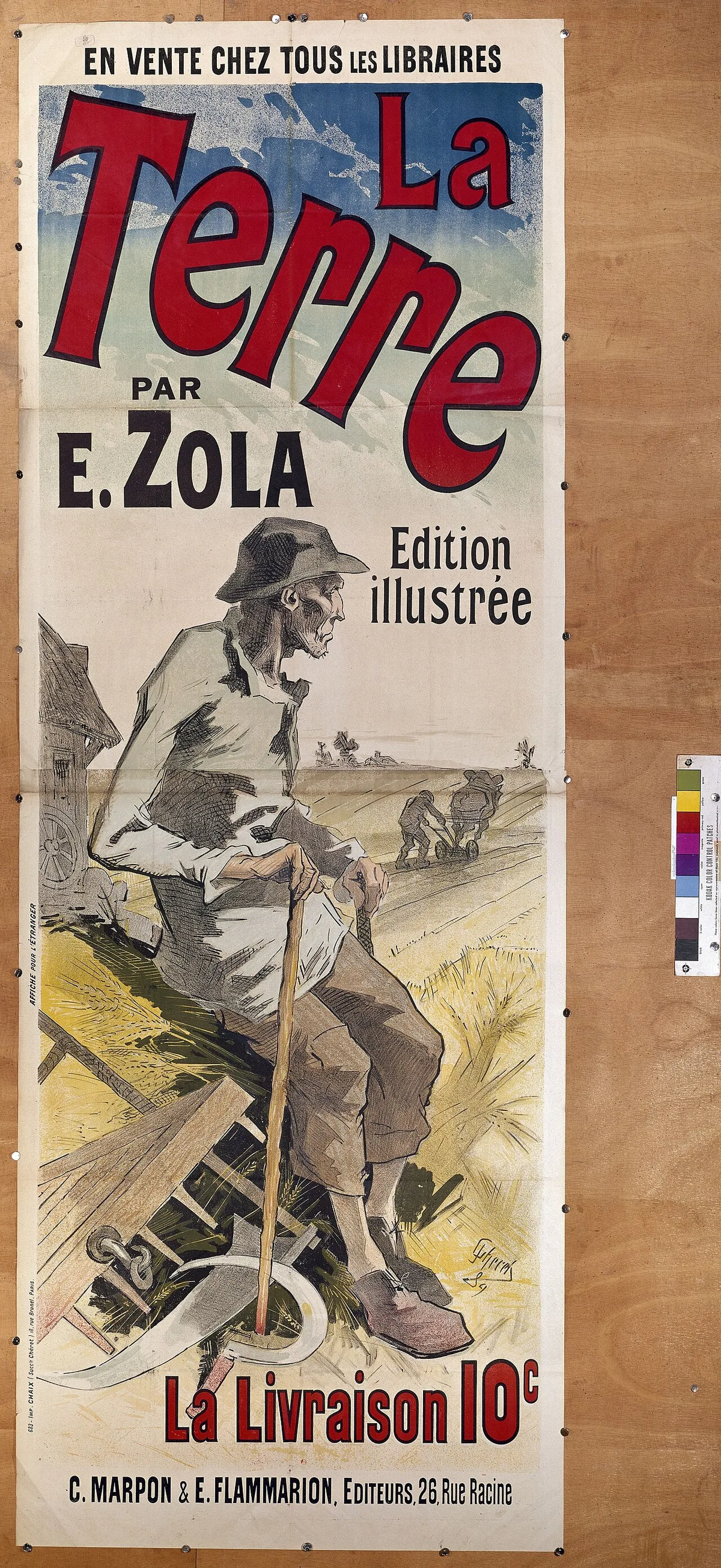 Affiche publicitaire de Jules Chéret pour l'édition illustrée de La Terre d'Émile Zola, roman qui déclencha le Manifeste des Cinq