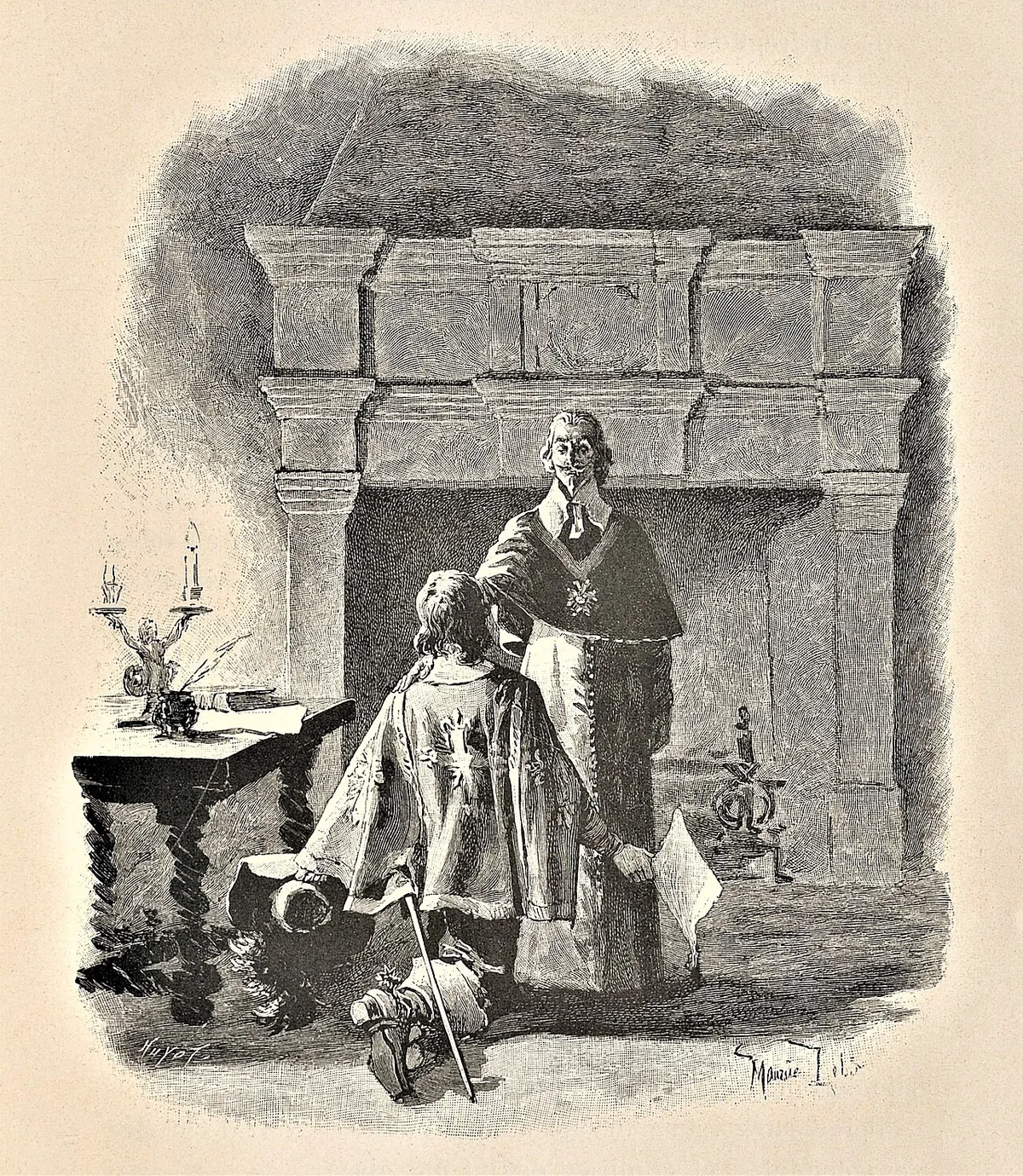 D'Artagnan face au cardinal de Richelieu, illustration de Maurice Leloir pour Les Trois Mousquetaires