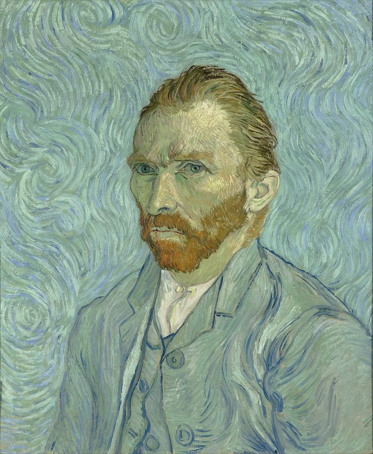 Autoportrait de Vincent van Gogh peint en 1889, fond bleu tourbillonnant, conservé au musée d'Orsay