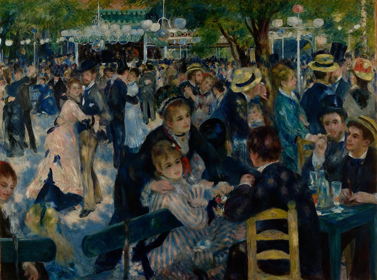 Bal du moulin de la Galette de Renoir, foule dansant en plein air sous la lumière tachetée des arbres à Montmartre