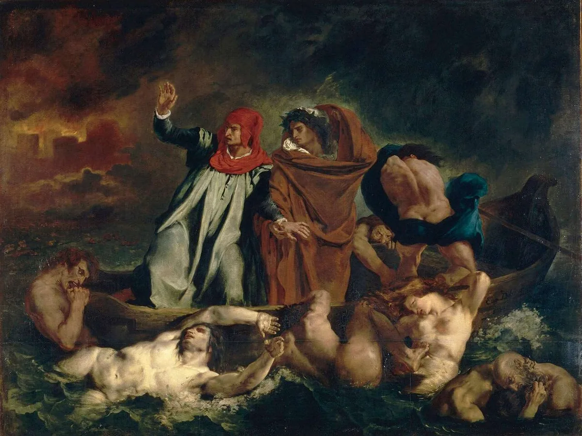 La Barque de Dante d'Eugène Delacroix, Dante et Virgile traversant en barque le lac entourant la cité infernale de Dité