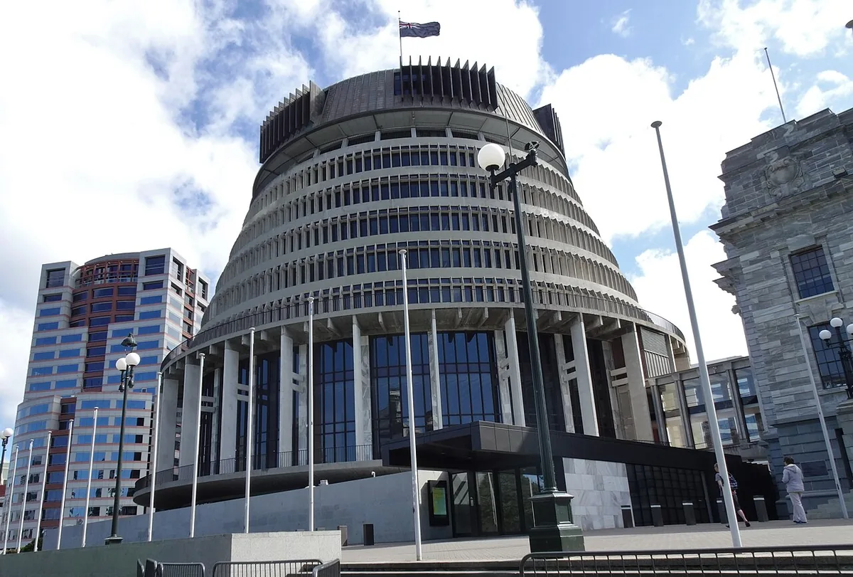 The Beehive, aile exécutive du Parlement néo-zélandais à Wellington, reconnaissable à sa forme de ruche