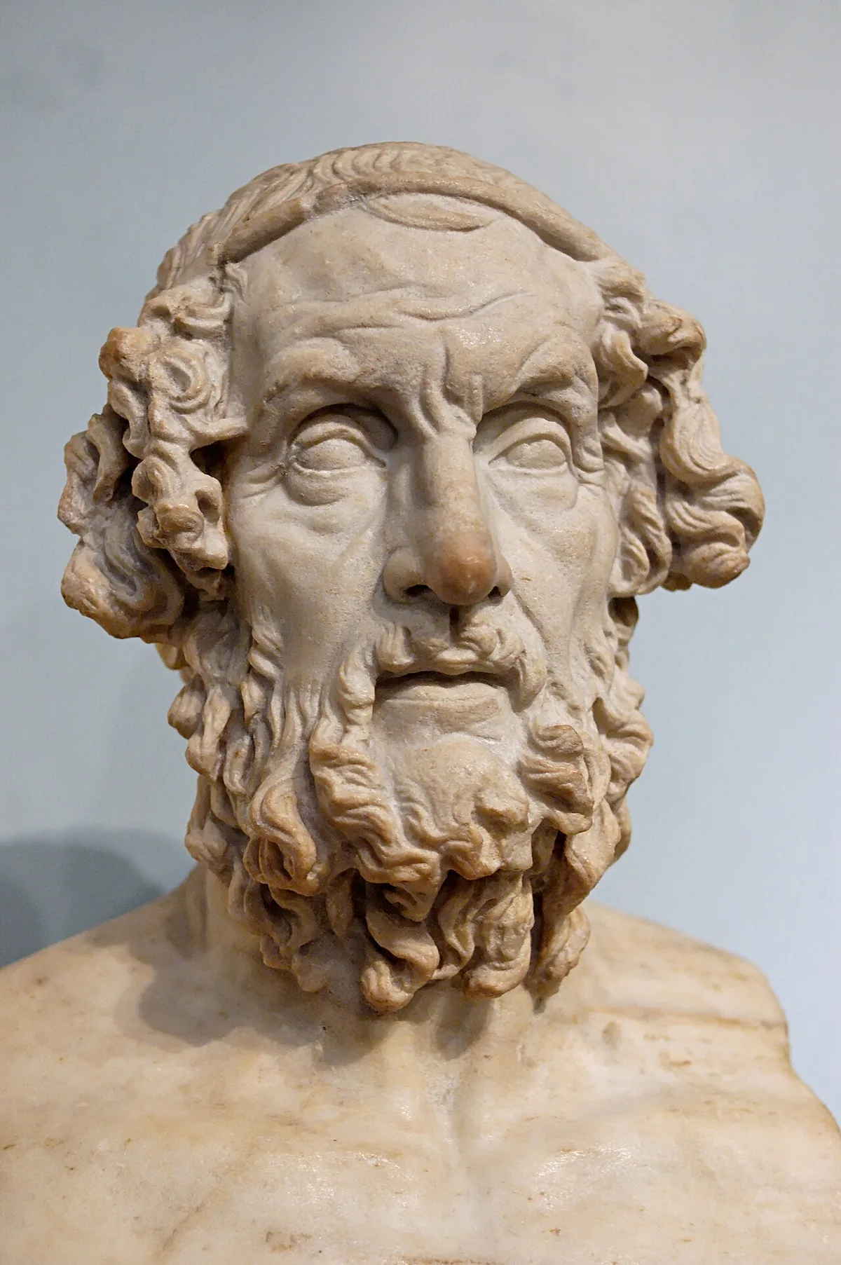 Buste hellénistique en marbre représentant le poète grec Homère, yeux clos, British Museum
