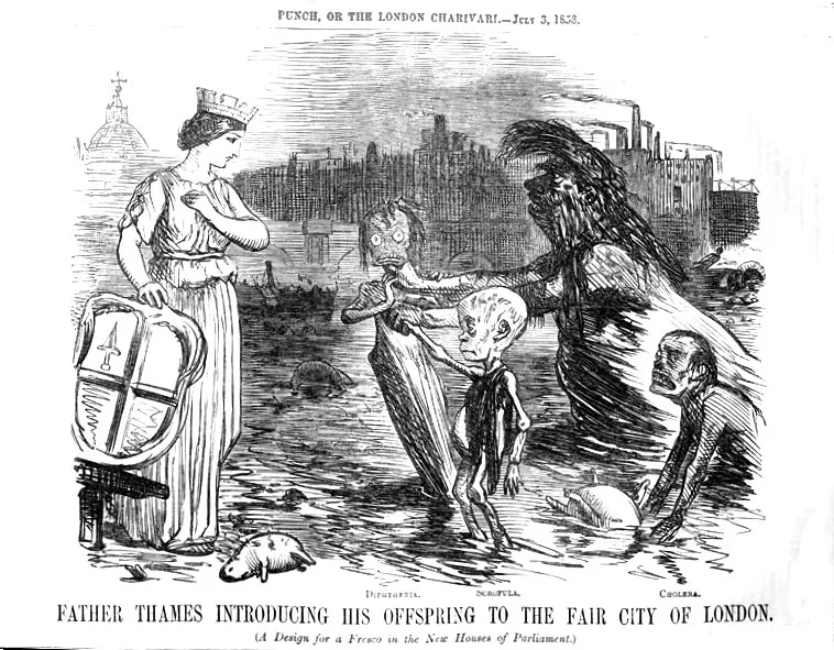 Caricature de Punch de 1858 montrant le Père Tamise présentant à Londres ses enfants la diphtérie, le choléra et la scrofule