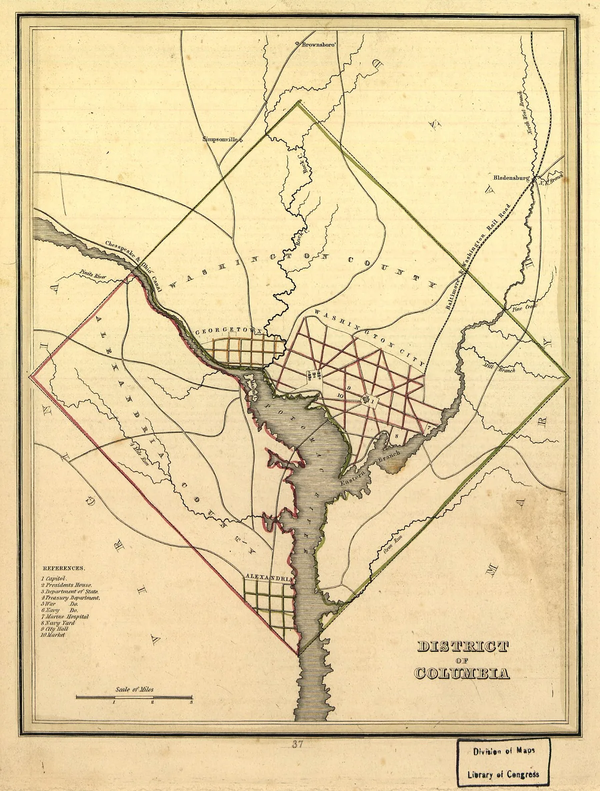 Carte de 1835 du District of Columbia montrant le carré complet à cheval sur le Potomac avant la rétrocession d'Alexandria
