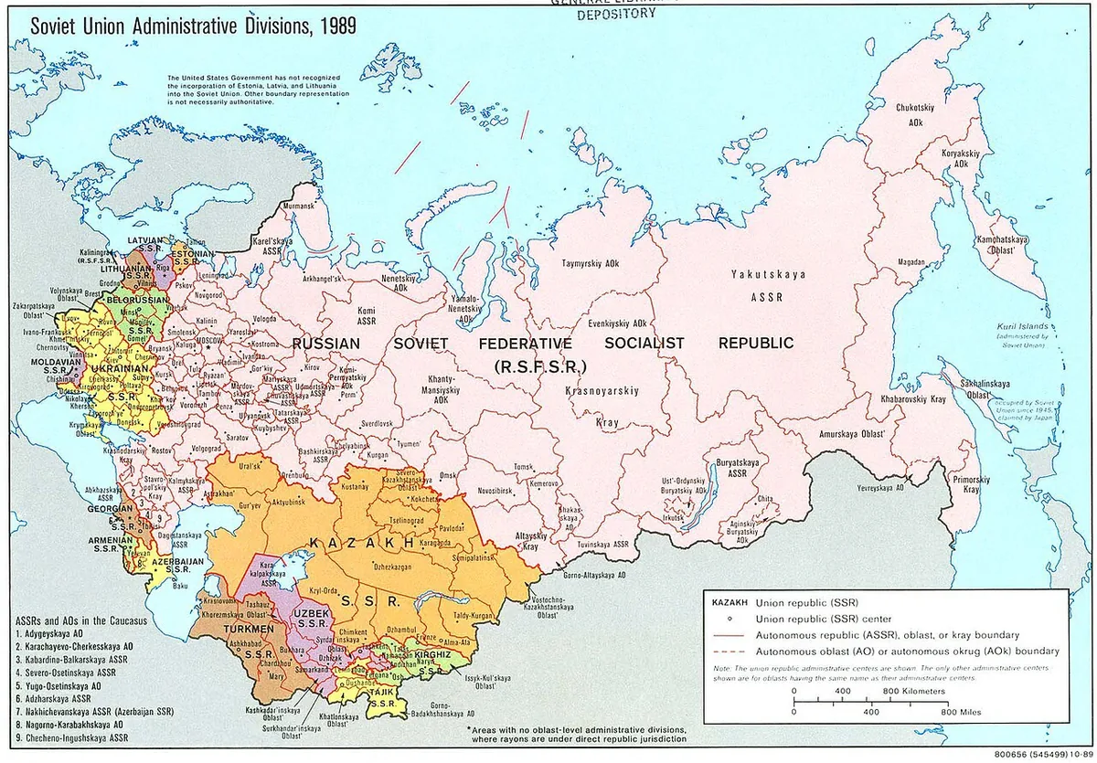 Carte administrative de l’Union soviétique en 1989 avec ses républiques et subdivisions