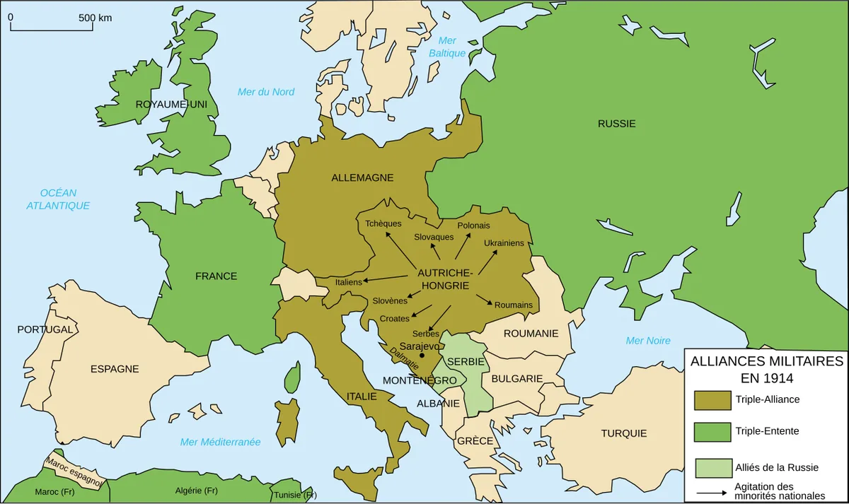 Carte des alliances militaires en Europe en 1914 opposant la Triple-Entente à la Triple-Alliance