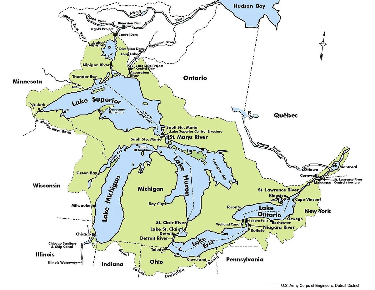 Carte du bassin hydrographique des Grands Lacs entre Canada et États-Unis