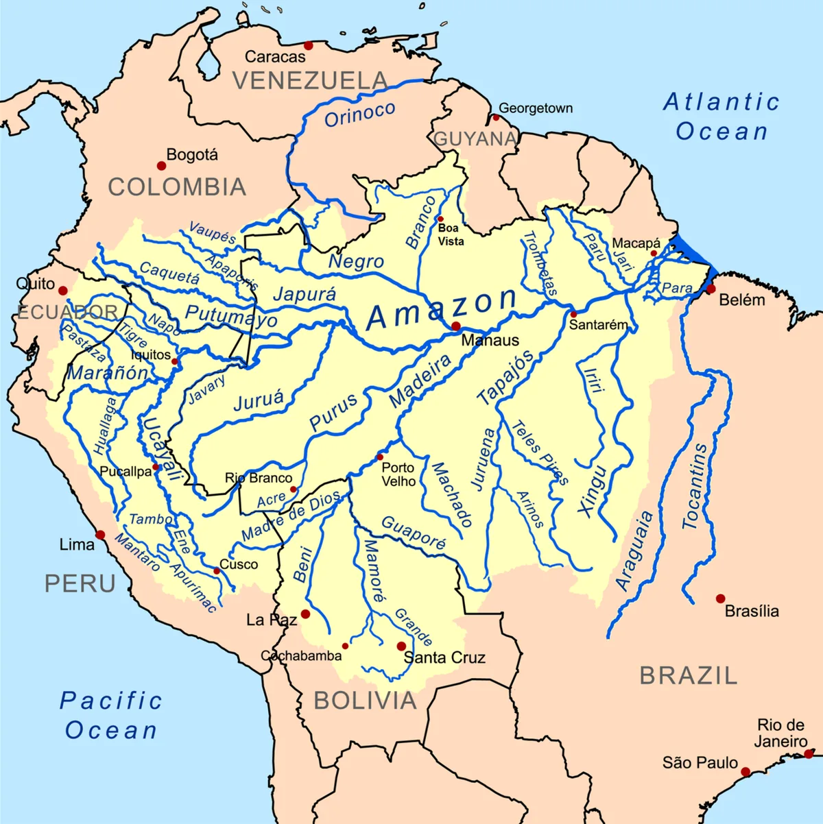 Carte du bassin versant de l’Amazone couvrant une vaste partie du nord de l’Amérique du Sud