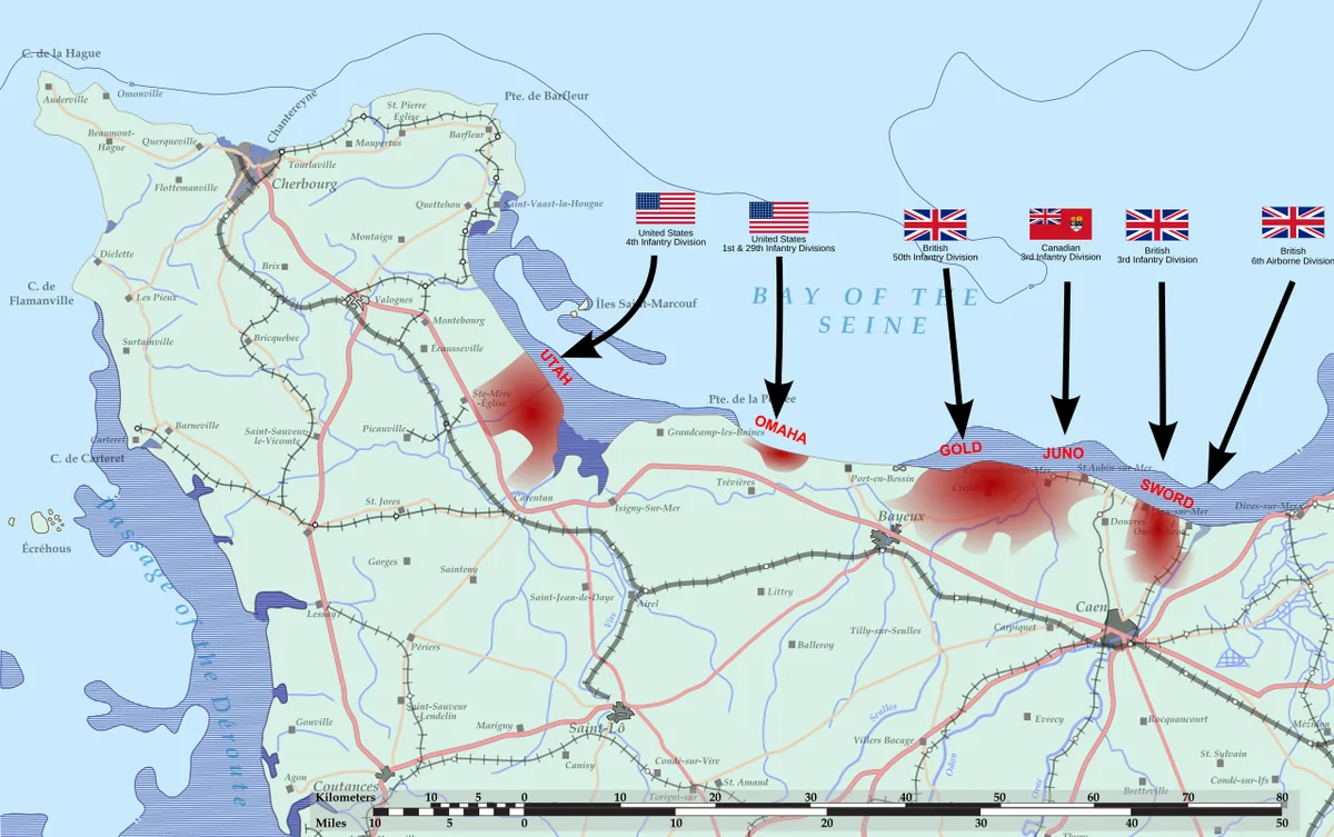 Carte des cinq plages du débarquement de Normandie, d'ouest en est Utah, Omaha, Gold, Juno et Sword, avec les zones de largage aéroportées