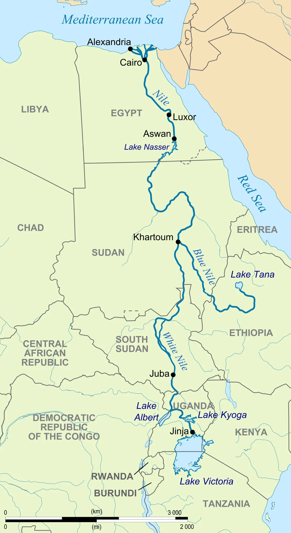 Carte du cours du Nil montrant le Nil Blanc depuis le lac Victoria, le Nil Bleu depuis le lac Tana, leur confluence à Khartoum et l'embouchure méditerranéenne