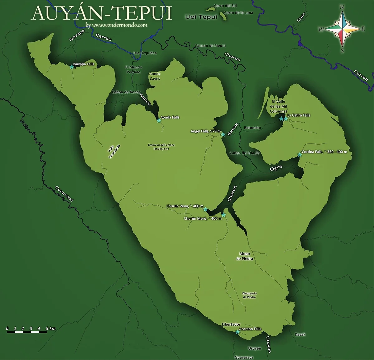 Carte détaillée de l’Auyán Tepui avec reliefs et principaux repères géographiques du plateau
