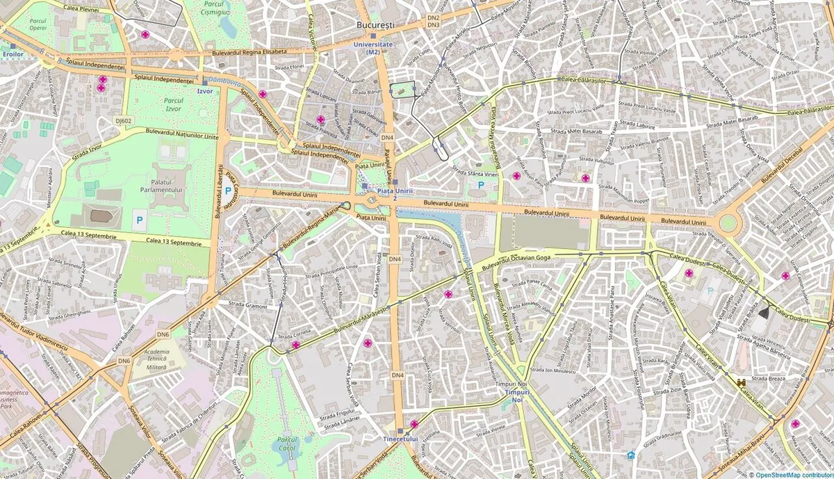 Carte détaillée de Bucarest montrant le réseau urbain et le cours de la Dâmbovița
