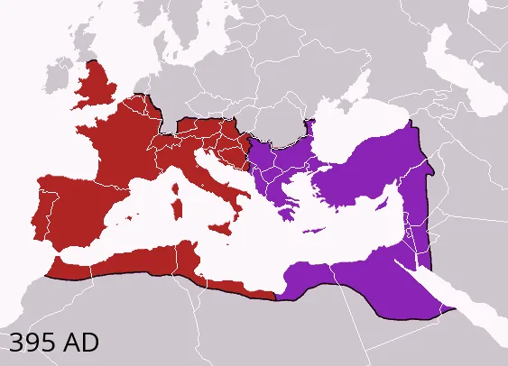 Carte de l'Empire romain divisé en 395 entre partie occidentale et partie orientale à la mort de Théodose