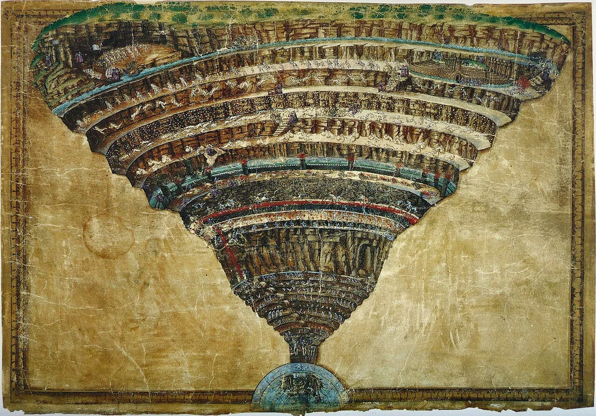 La Carte de l'Enfer de Botticelli, entonnoir des neuf cercles descendant vers le centre de la Terre où se tient Lucifer