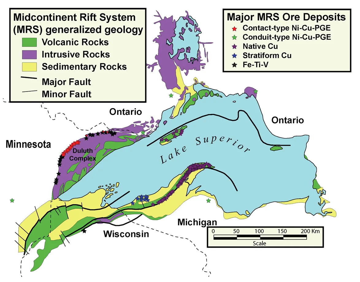 Carte géologique du Midcontinent Rift entourant le lac Supérieur et ses roches volcaniques