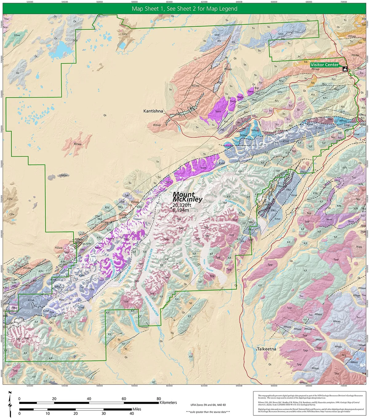 Carte géologique du parc national du Denali montrant les principales formations rocheuses