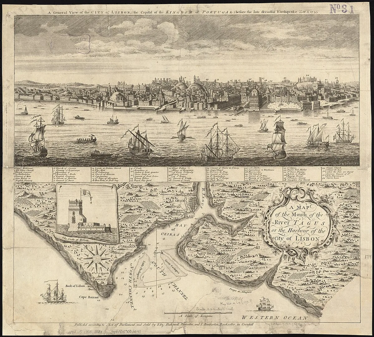 Carte historique de l’embouchure du Tage et du port de Lisbonne