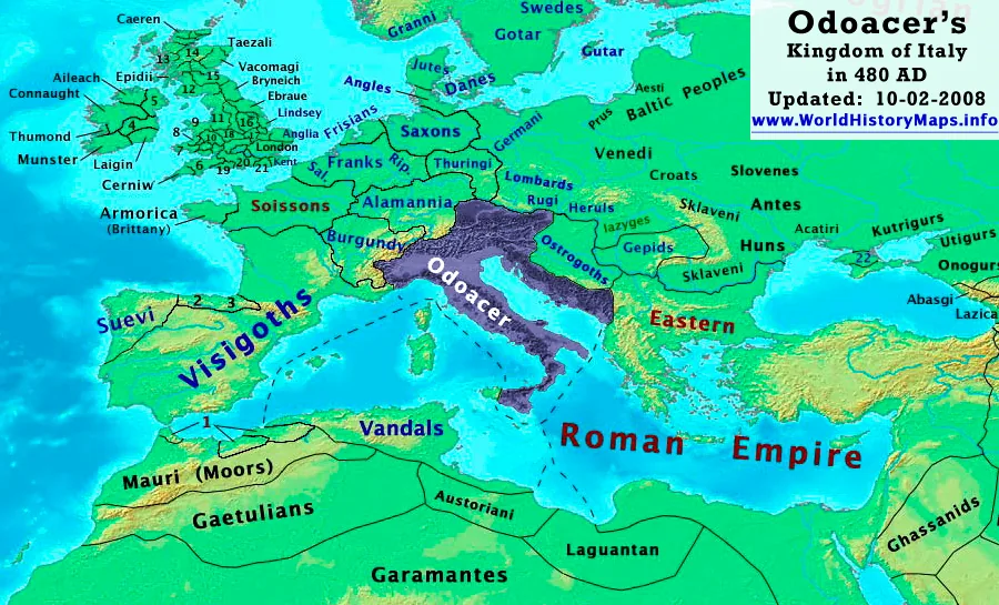 Carte historique du royaume d'Odoacre en Italie en 480, incluant la Dalmatie de Julius Nepos