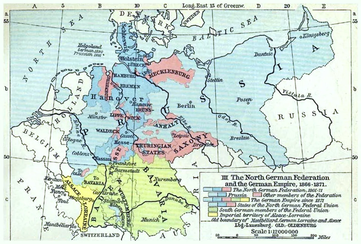Carte historique de l’unification allemande de 1866 à 1871 autour de la Prusse