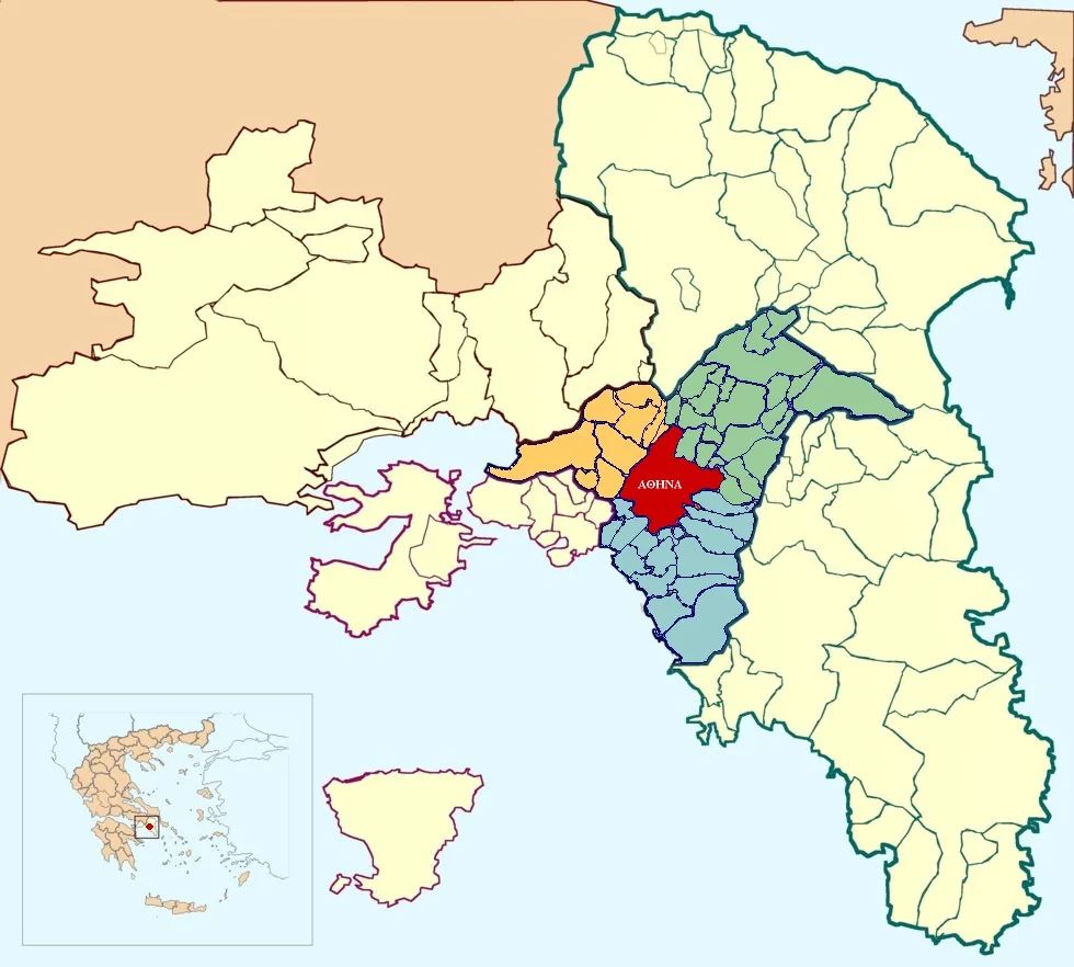 Carte localisant Athènes dans la préfecture d’Athènes au sein de la région de l’Attique