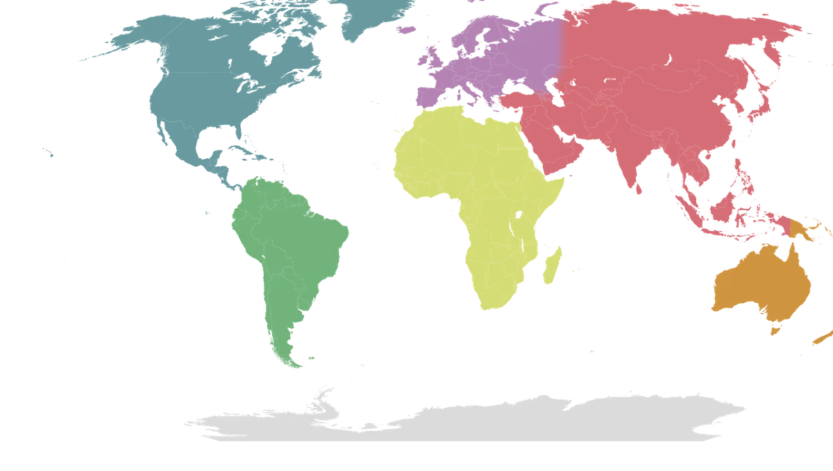 Carte du monde où chaque continent reçoit une couleur distincte, illustrant les regroupements possibles des masses terrestres