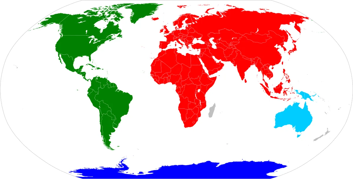 Carte du monde illustrant le modèle à quatre continents avec l'Eurasie et l'Amérique réunies en blocs uniques