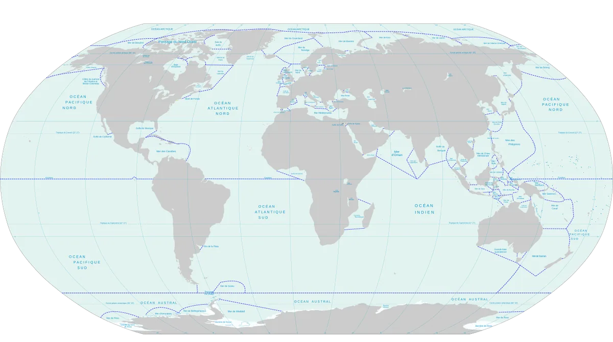 Carte du monde montrant les limites des cinq océans et leurs principales mers bordières