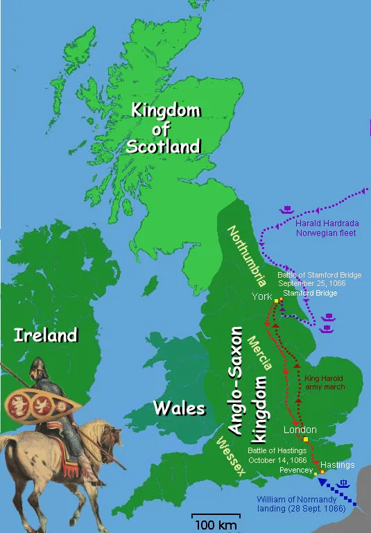 Carte des mouvements de troupes de 1066, débarquements normand et norvégien et marches vers Stamford Bridge et Hastings