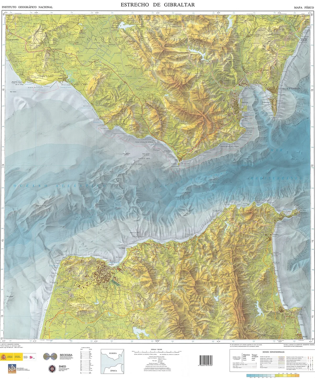 Carte physique détaillée du détroit de Gibraltar avec Espagne, Maroc et reliefs côtiers