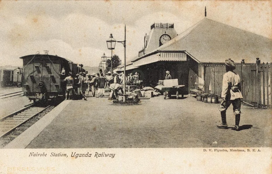 Carte postale ancienne de la gare de Nairobi sur la ligne de chemin de fer de l'Ouganda vers 1900