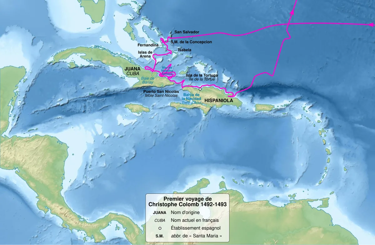Carte du premier voyage de Colomb en 1492 et 1493, route de Palos aux Canaries puis aux Caraïbes