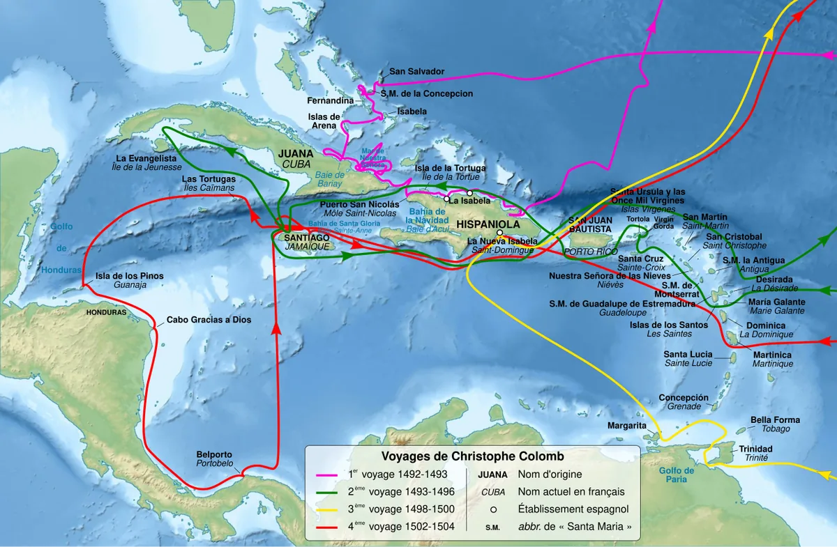 Carte des quatre voyages de Christophe Colomb entre l'Espagne et l'Amérique de 1492 à 1504, tracés colorés sur l'Atlantique