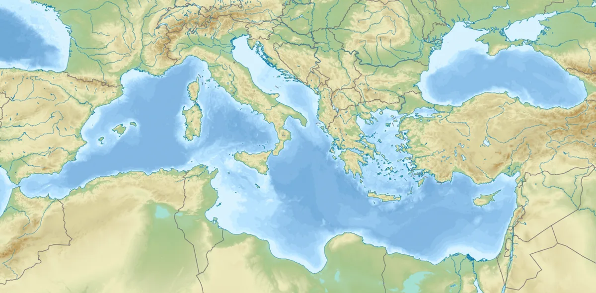 Carte en relief de la mer Méditerranée, mer fermée bordée par l'Europe au nord et l'Afrique au sud, reliée à l'Atlantique par Gibraltar