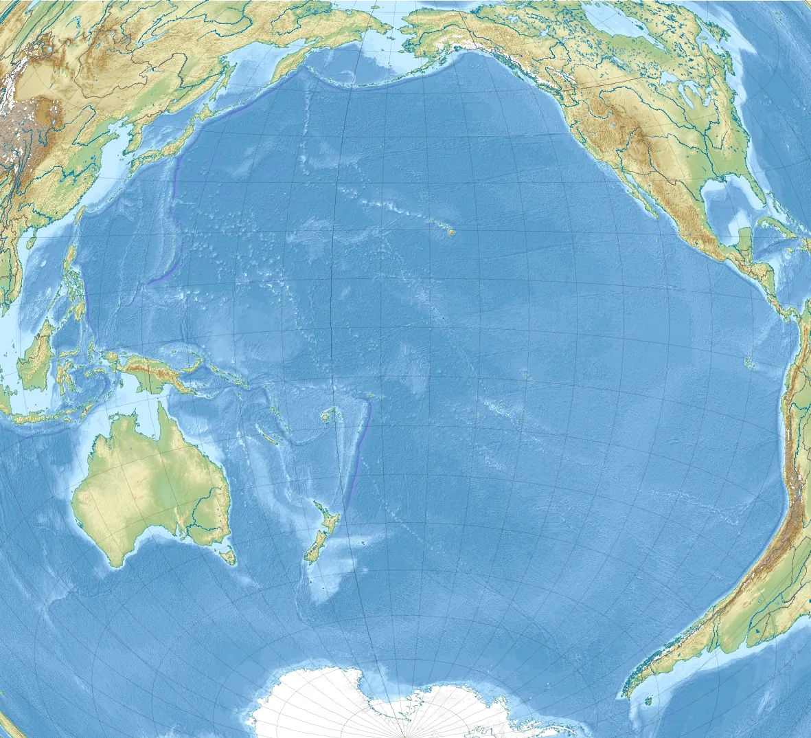 Carte en relief de l'océan Pacifique montrant son étendue d'un pôle à l'autre entre l'Asie et les Amériques