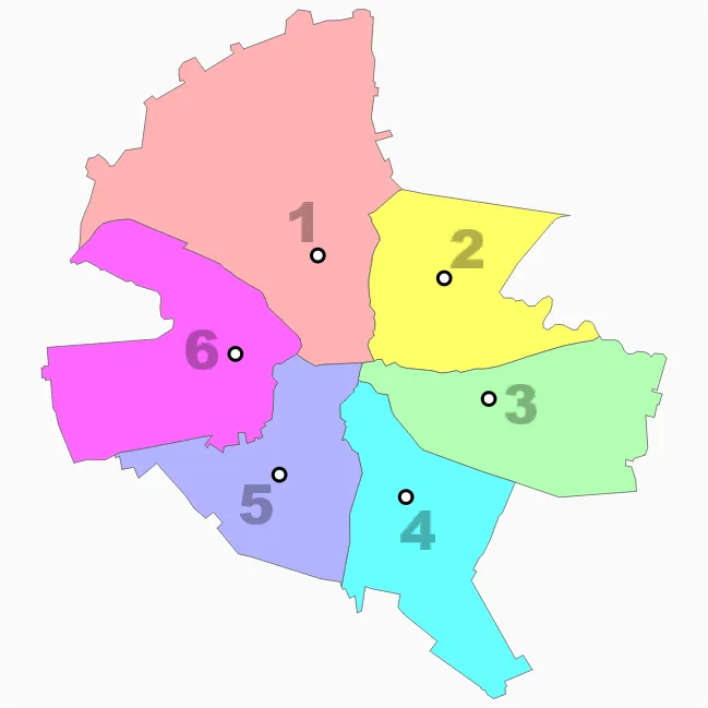 Carte des six secteurs administratifs de Bucarest numérotés autour du centre de la ville