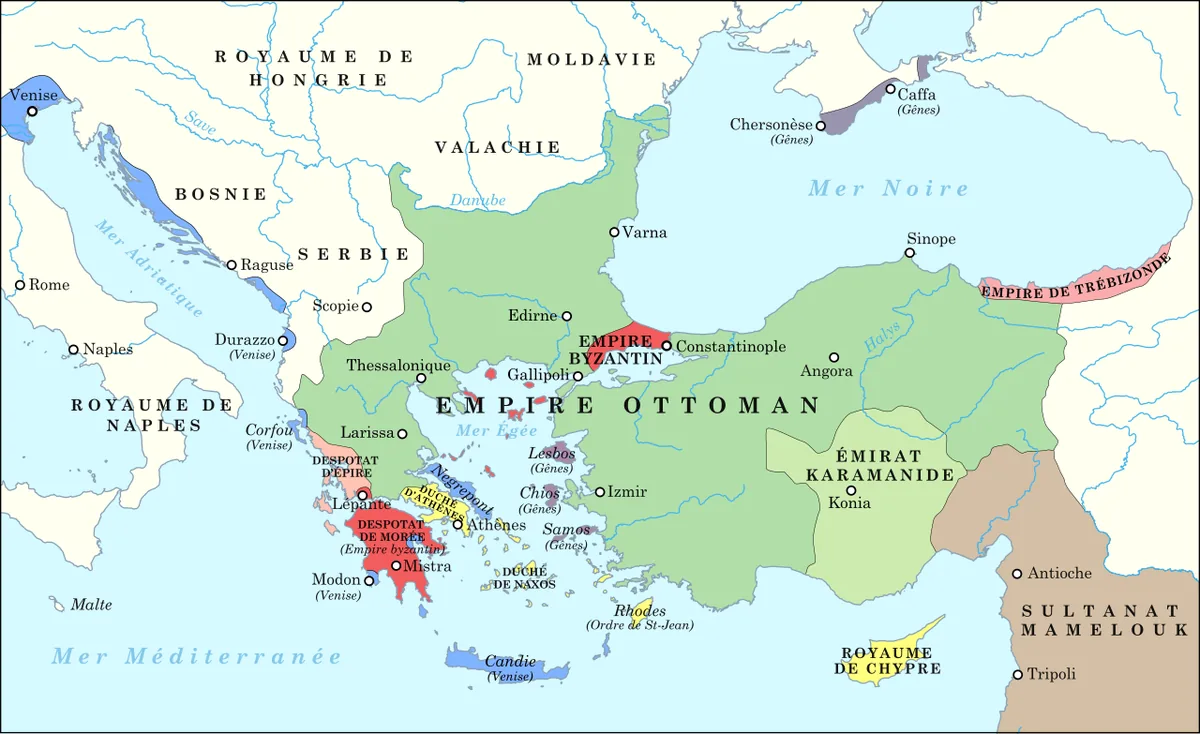 Carte du territoire réduit de l'Empire byzantin et de l'Anatolie ottomane en 1450, trois ans avant la chute de Constantinople
