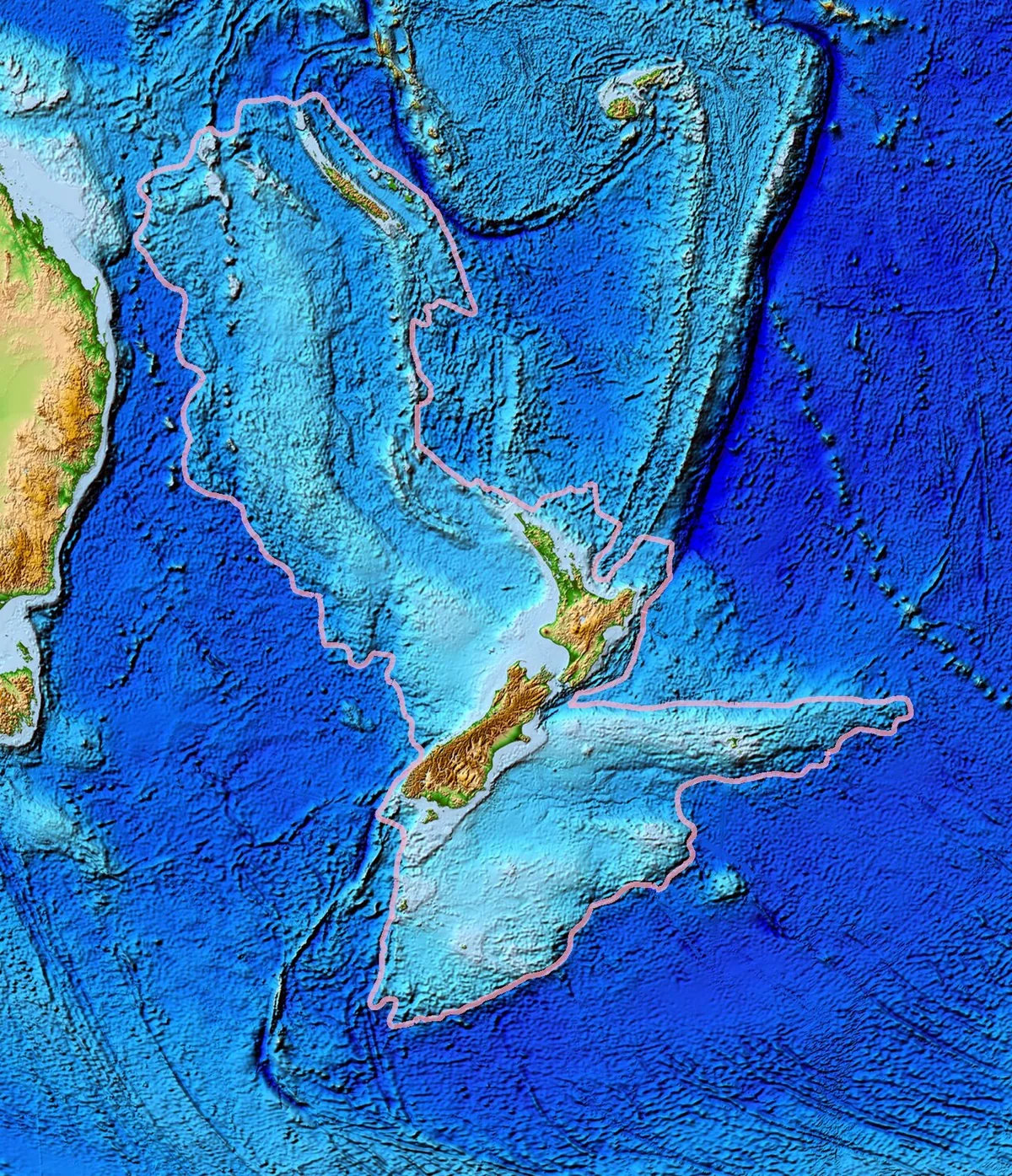 Carte topographique de Zealandia montrant le bloc continental immergé autour de la Nouvelle-Zélande