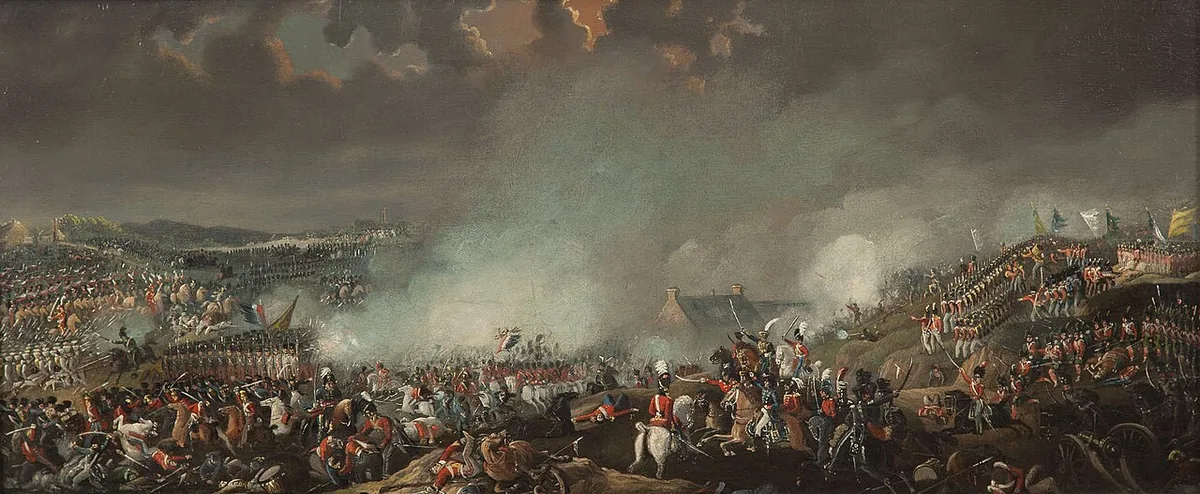 Charges de cavalerie et infanterie sur le champ de bataille de Waterloo, peinture de William Sadler