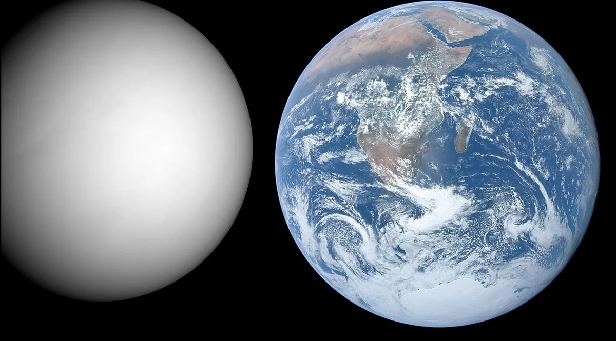 Comparaison de taille en couleurs réelles entre la Terre et Vénus, deux globes presque identiques