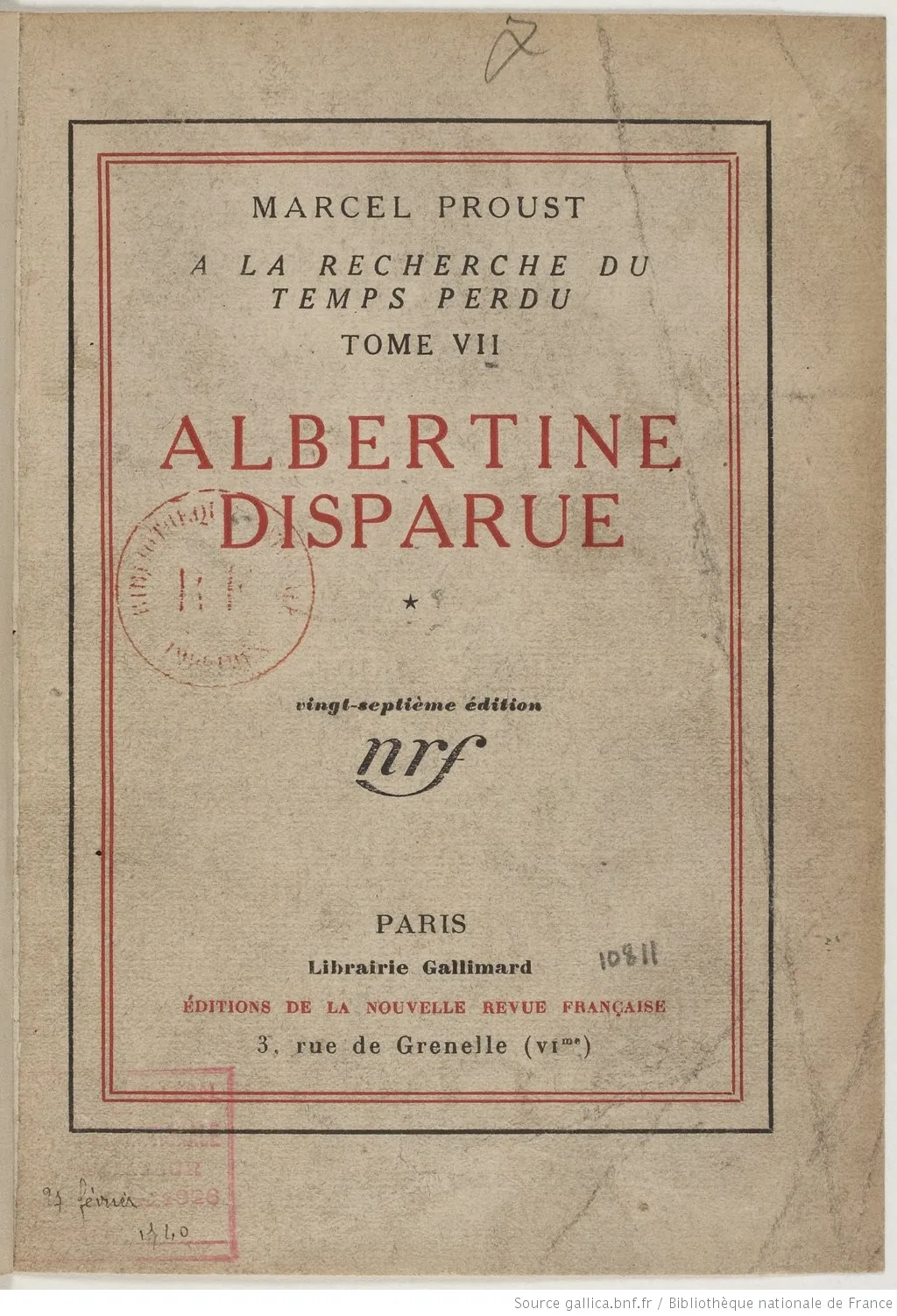 Couverture ancienne d'un tome d'À la recherche du temps perdu publié chez Gallimard