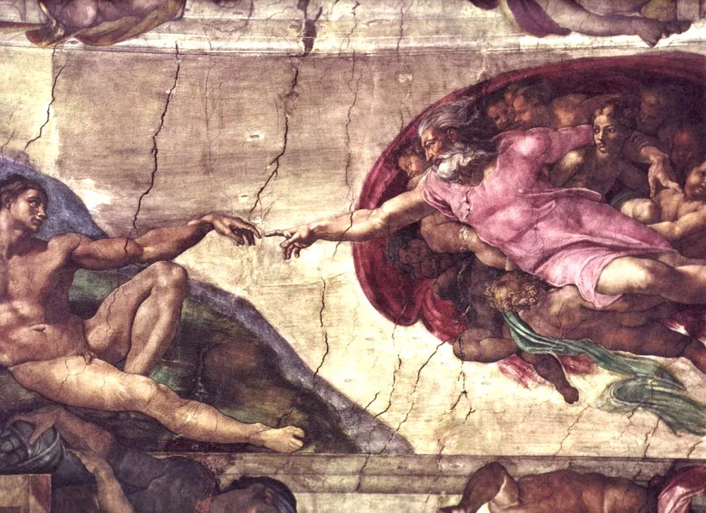 La Création d'Adam de Michel-Ange, les doigts de Dieu et de l'homme se tendant sans se toucher