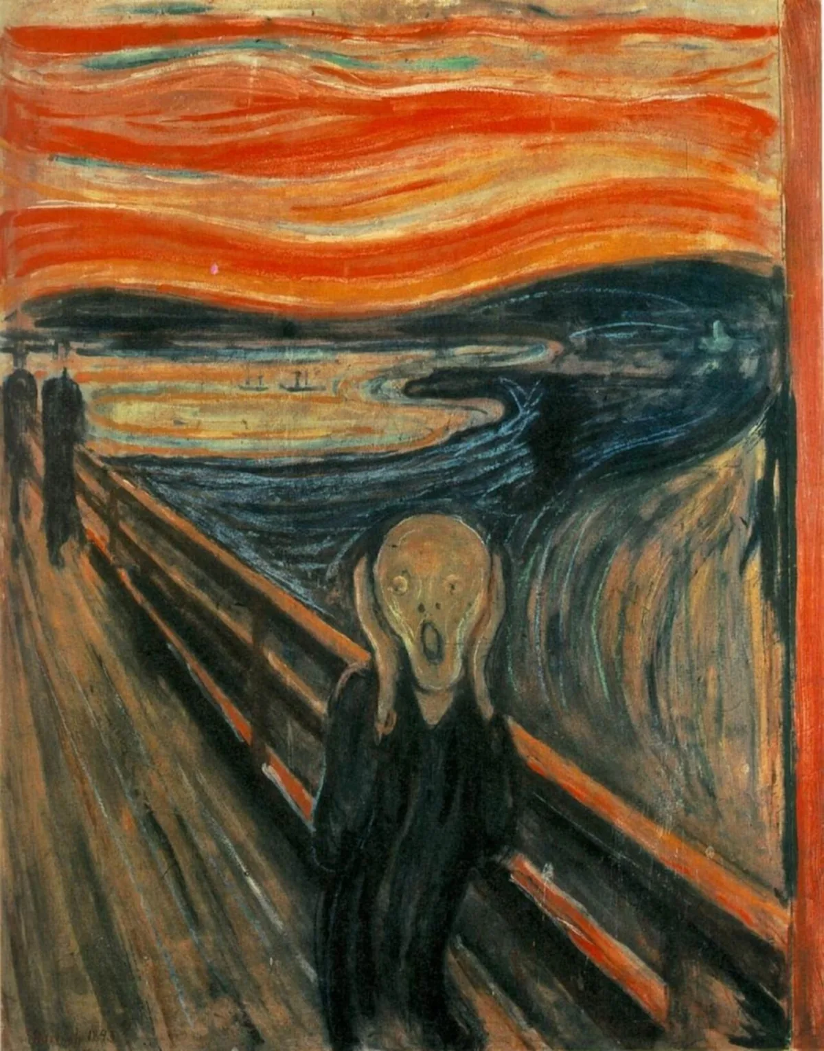 Le Cri d'Edvard Munch, version de 1893 : figure hurlante aux mains sur les oreilles devant un ciel rouge sang au-dessus du fjord d'Oslo