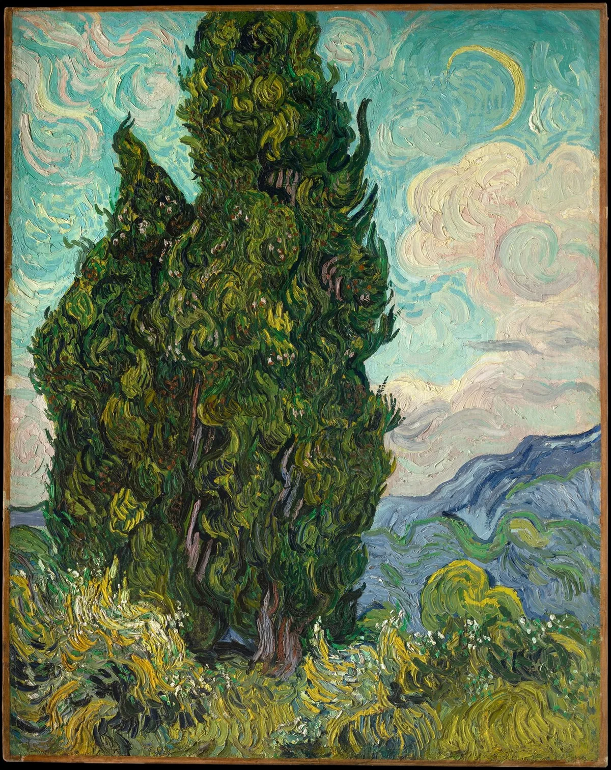 Les Cyprès de Van Gogh, 1889, arbre sombre et sinueux se détachant sur un ciel travaillé en volutes, Metropolitan Museum