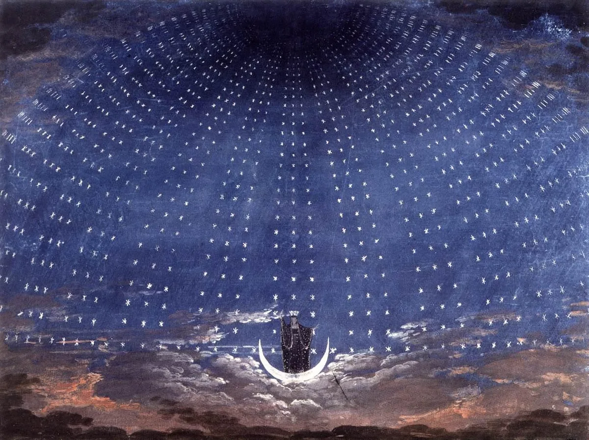 Décor étoilé du palais de la Reine de la Nuit conçu par Karl Friedrich Schinkel pour La Flûte enchantée