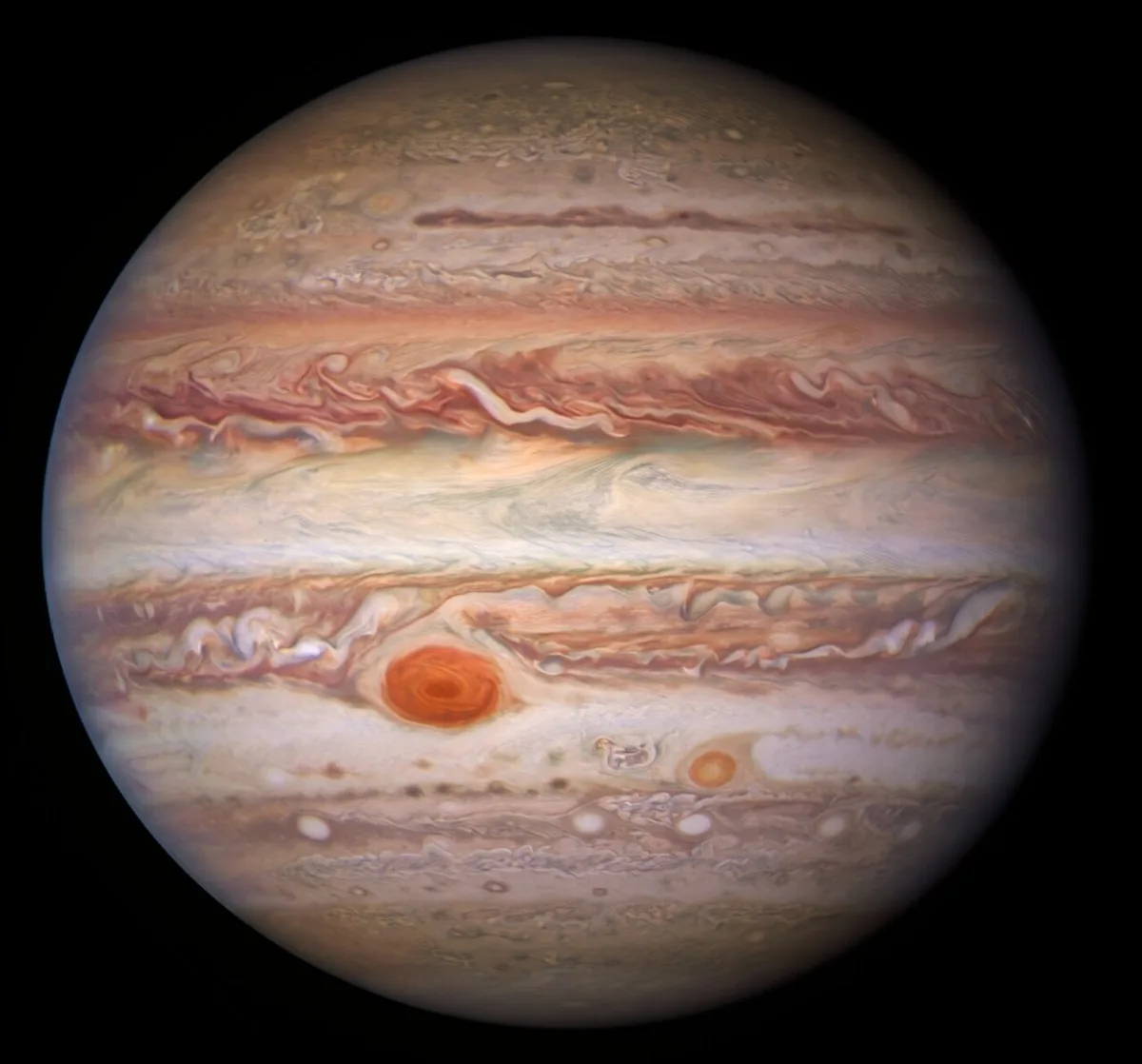 Disque complet de Jupiter photographié par le télescope Hubble, bandes nuageuses crème et brun bien visibles