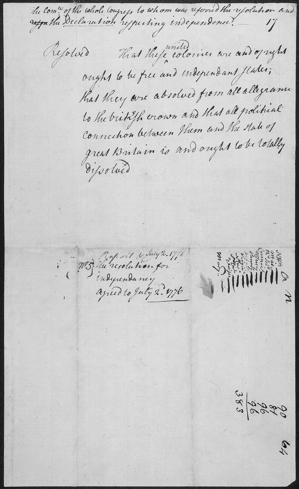 Document du vote du 2 juillet 1776 appelant à l’indépendance des colonies américaines