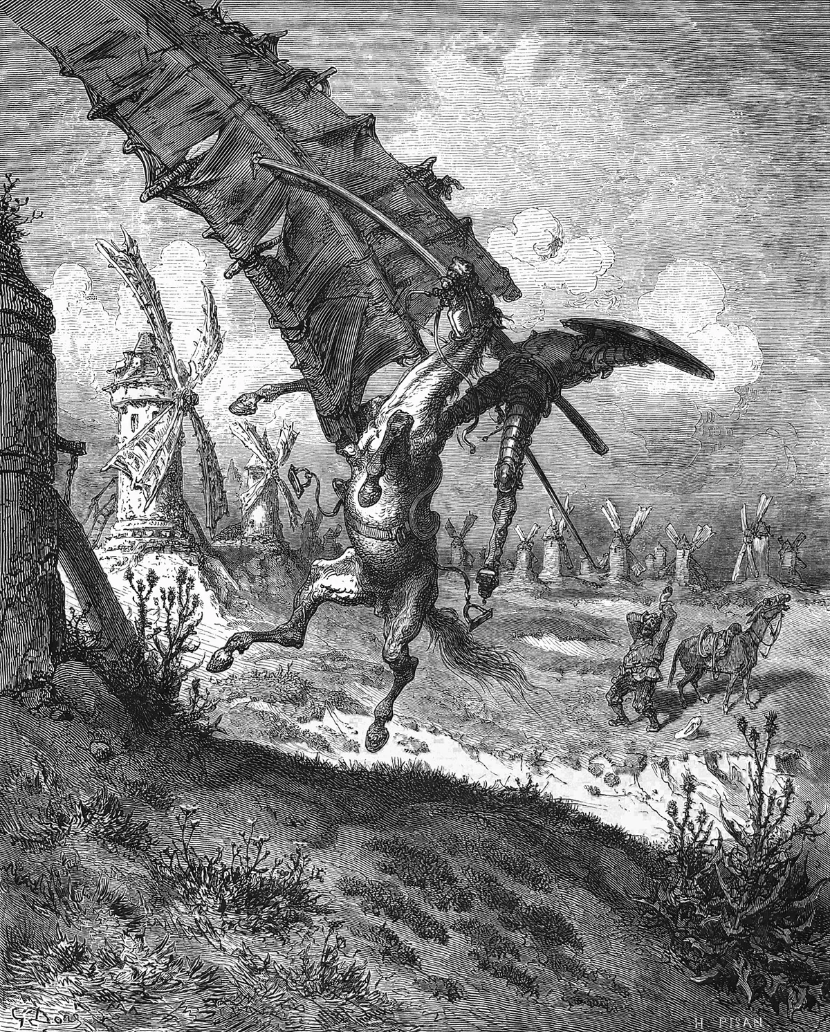Don Quichotte chargeant les moulins à vent qu'il prend pour des géants, gravure de Gustave Doré